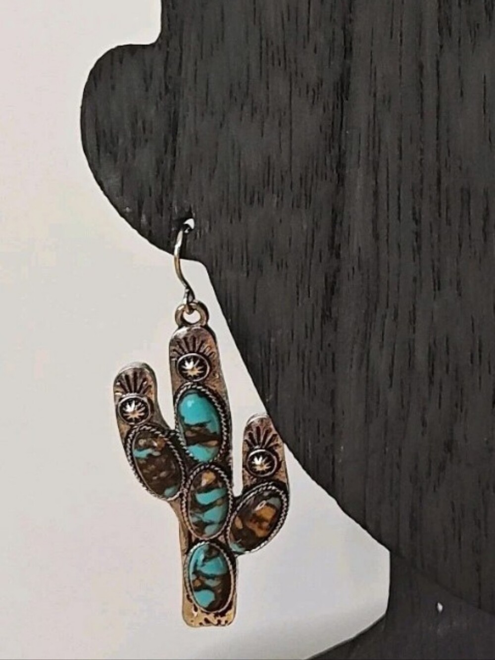 Southwestern Dangle Earrings Blue Stone Saguaro Cactus Etched Sunburst 2" Drop